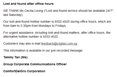 ComfortDelGro Lost and found after office hours